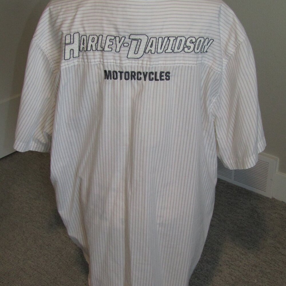 Harley Davidson Shirt Men's 2XL Button Down Short Sleeve Stripe Embroidered Gray